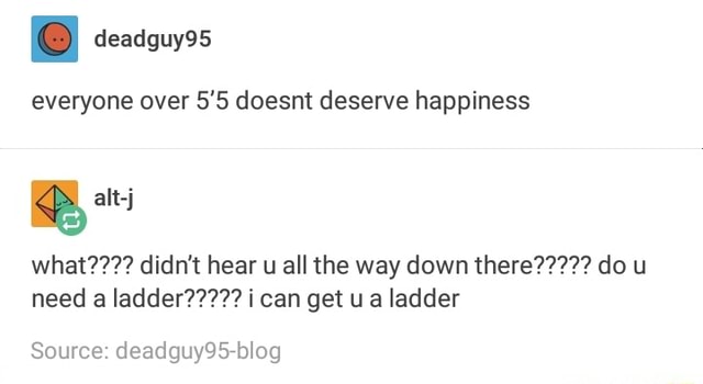 Everyone Over 5 5 Doesnt Deserve Happiness ª Alt J What Didn T Hear U All The Way Down There Do U Need A Ladder I Can Get U A Ladder Source Deadguy957blog Ifunny