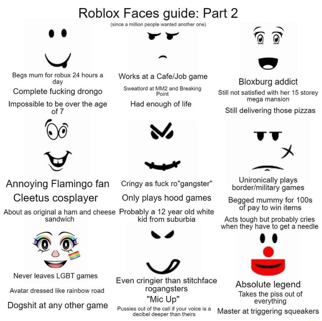Roblox Faces Guide Part 2 Since A Million People Wanted Another One Ww Begs Mum For Robux 24 Hours A Works At A Game Day Works At Bloxburg Addict Complete Fucking Drongo - flamingo fan roblox avatar