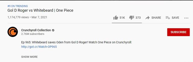 9 On Trending Gol D Roger Vs Whitebeard I One Piece 1 174 779 Views Mar 7 21 1 Share Save Subscribe Crunchyroll Collection 2 76m Subscribers Ep 965 Whitebeard Saves Oden From Gol D