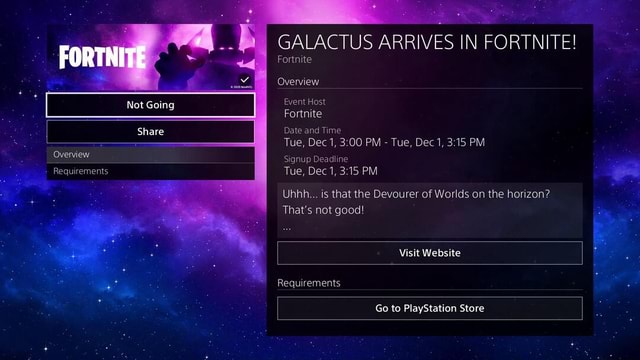 Fortnite Not Going Share Overview Requirements Galactus Arrives In Fortnite Fortnite Overview Event Host Fortnite Date And Time Tue Dec 1 Pm Tue Dec 1 Pm Signup Deadline Tue Dec 1