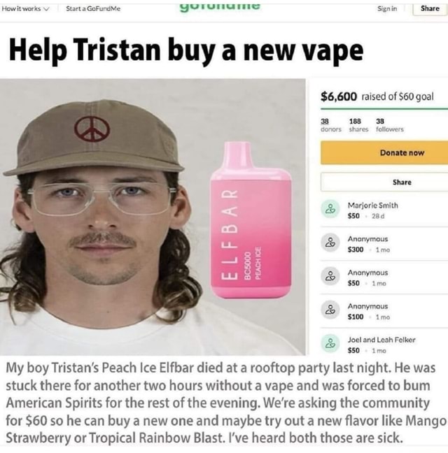 How it works Vv Start GoFundMe yyivnaumc Signin Share Help Tristan buy a new  vape $6,600 raised of $60 goal 188 38 donors shares followers Donate now  Share Marjorie Smith $50 