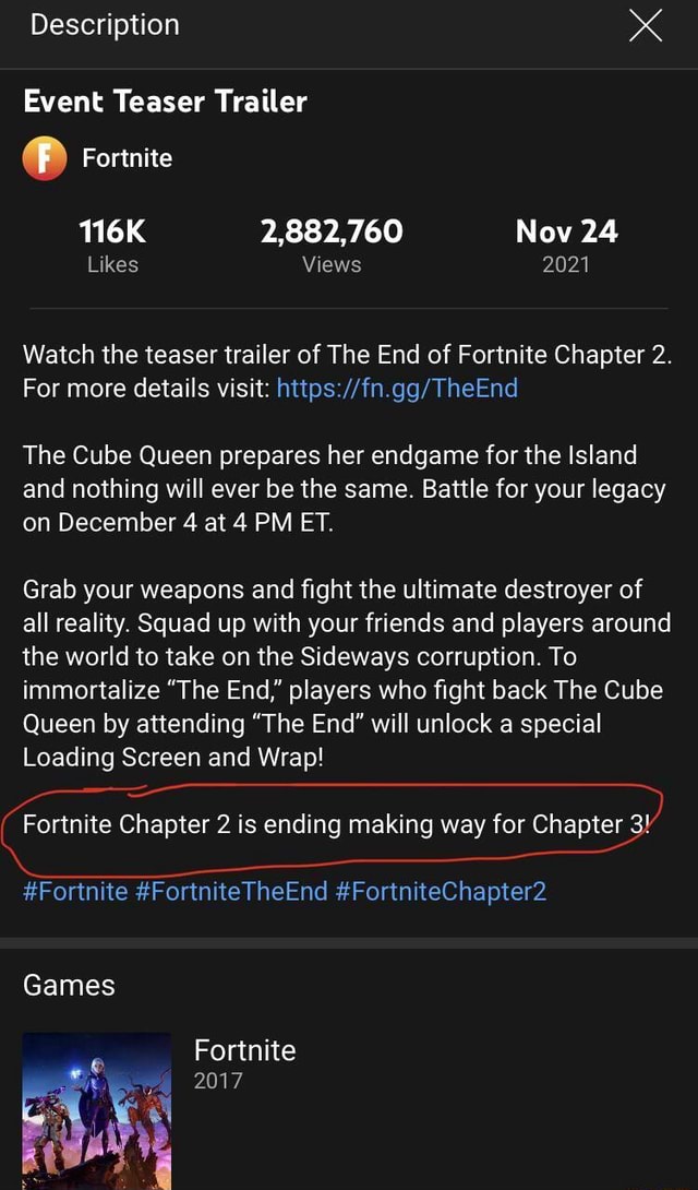Description x Event Teaser Trailer Fortnite T16K 2,882,760 Nov 24 Likes ...