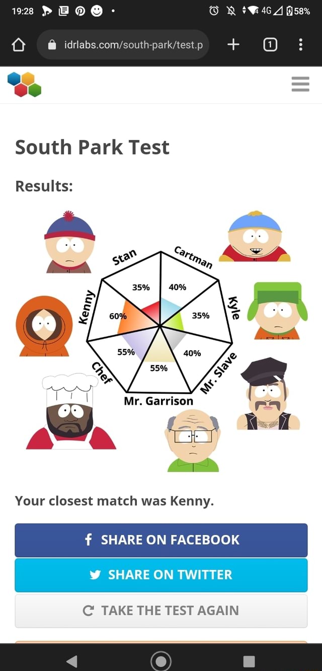 58% BO com South Park Test Results: Mr. Garrison rn Your closest match ...