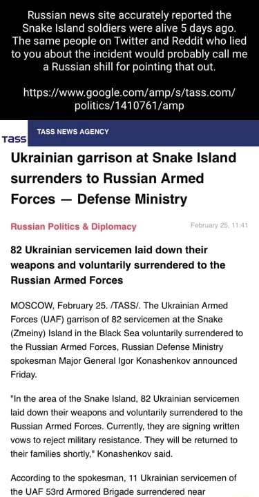 Russian news site accurately reported the Snake Island soldiers were ...