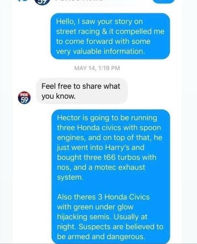 Hello, I saw your story on street racing it compelled me to come