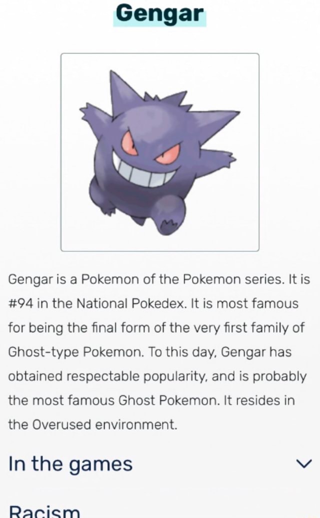 Gengar Gengar is a Pokemon of the Pokemon series. It is #94 in the ...