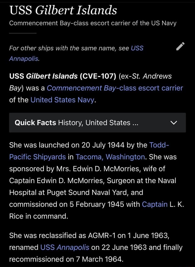 USS Gilbert Islands Commencement Bay-class escort carrier of the US ...