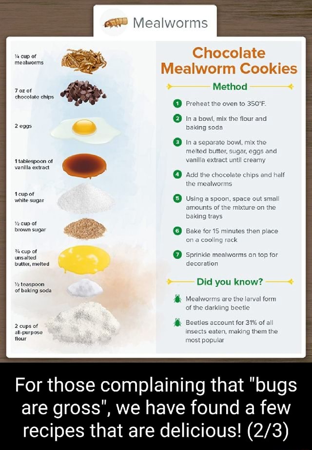 Vealworms cup of mealworms 7 oz of chocolate chips tablespoon of vanilla extract cup of white