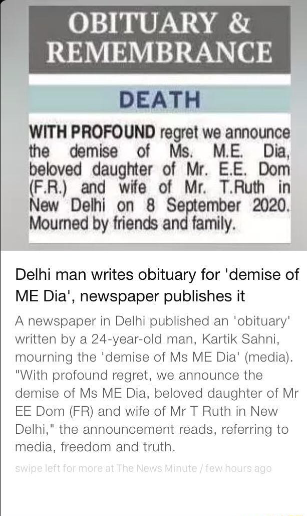 troll media funny inshorts screenshot OBITUARY & REMEMBRANCE