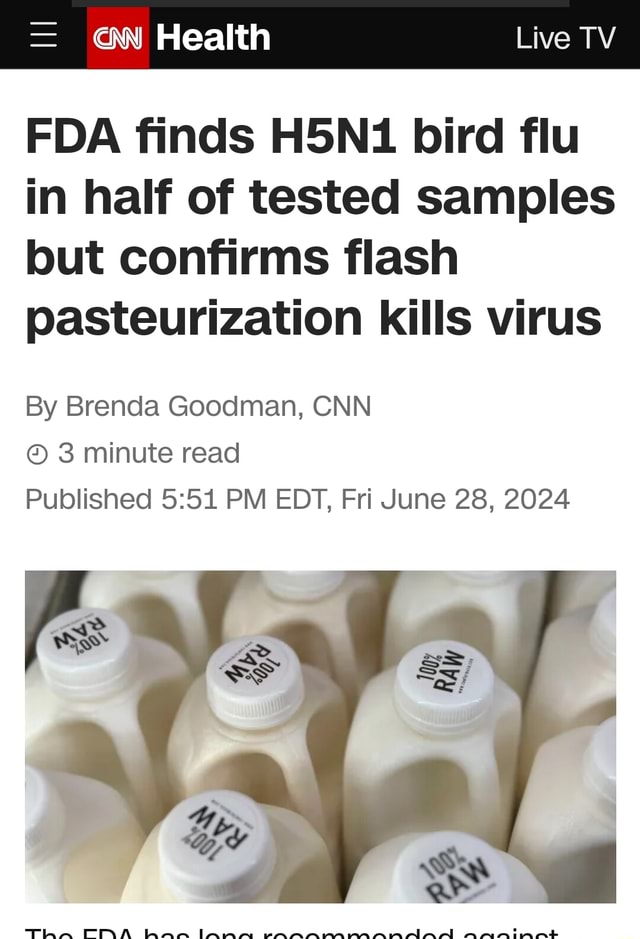 Health Live TV FDA finds H5N1 bird flu in half of tested samples but ...