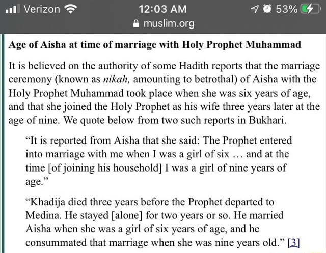 Am Age Of Aisha At Time Of Marriage With Holy Prophet Muhammad It Is