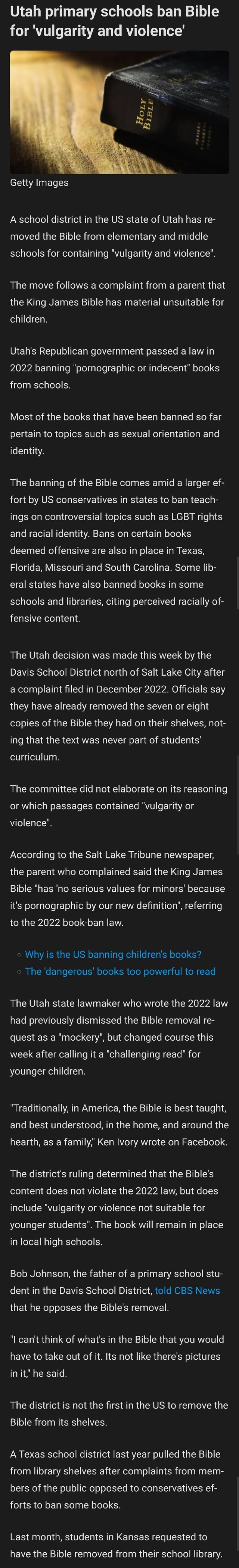 Utah Primary Schools Ban Bible For 'vulgarity And Violence' Getty ...