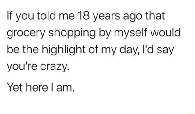 If You Told Me 18 Years Ago That Grocery Shopping By Myself Would Be The Highlight Of My Day I