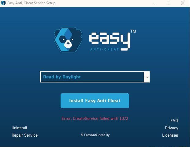 Dead By Daylight Install Easy Anti Cheat Error Createservice Failed With 1072 Faq Uninstall Privacy Repair Service Easyantiheat Oy Licenses