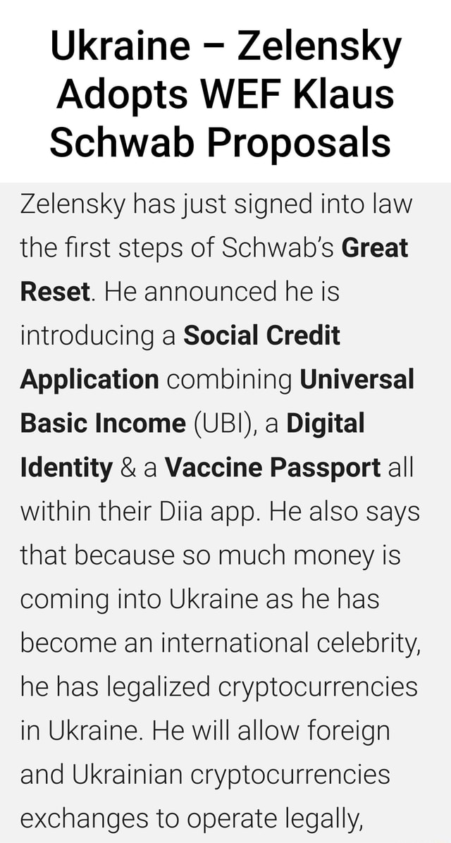 Ukraine Zelensky Adopts WEF Klaus Schwab Proposals Fe Has Just Signed