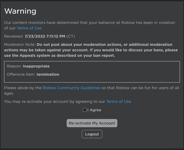 Sure.... Roblox Completely Warn Me For Uploading Moderation Actions ...