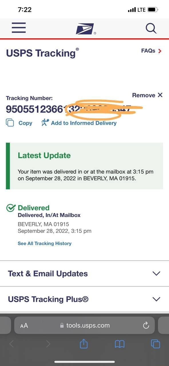 LTE = Ea. Q USPS Tracking? Tracking Number Remove X 9505512366 Copy