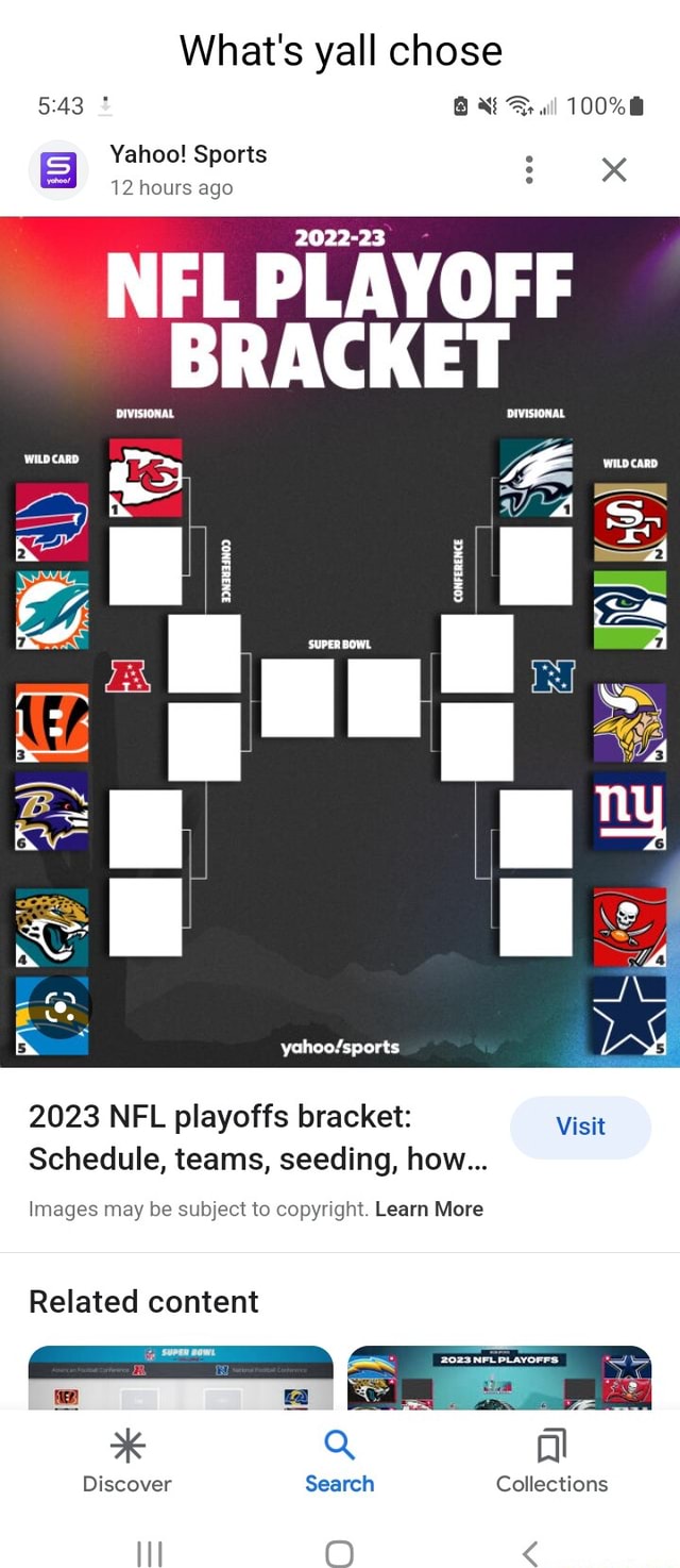 What's yall chose 100% Yahoo! Sports x 2022-23 12 hours ago NFL PLAYOFF  BRACKET I SUPER 2023 NFL playoffs bracket: Visit Schedule, teams, seeding,  how Images may be subject to copyright. Learn More Related content al  Discover Search