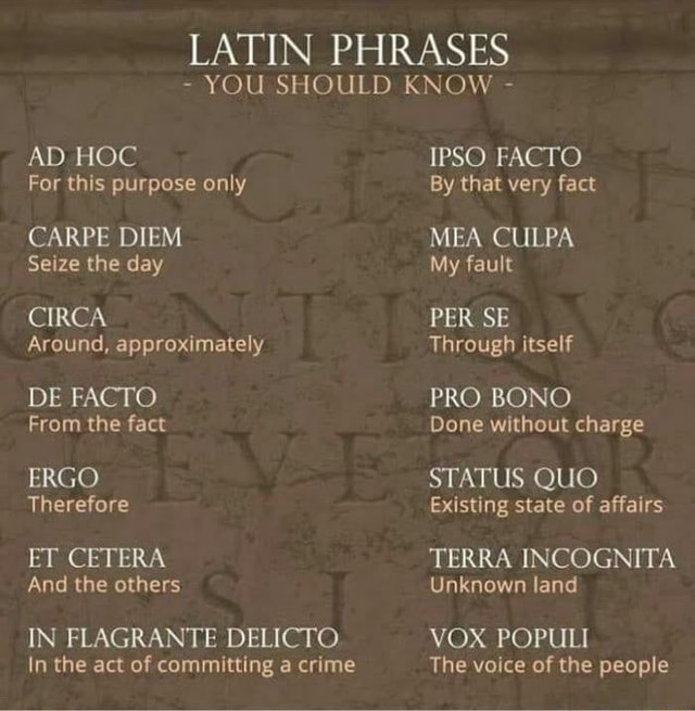 LATIN PHRASES YOU SHOULD KNOW AD HOC For this purpose only CARPE