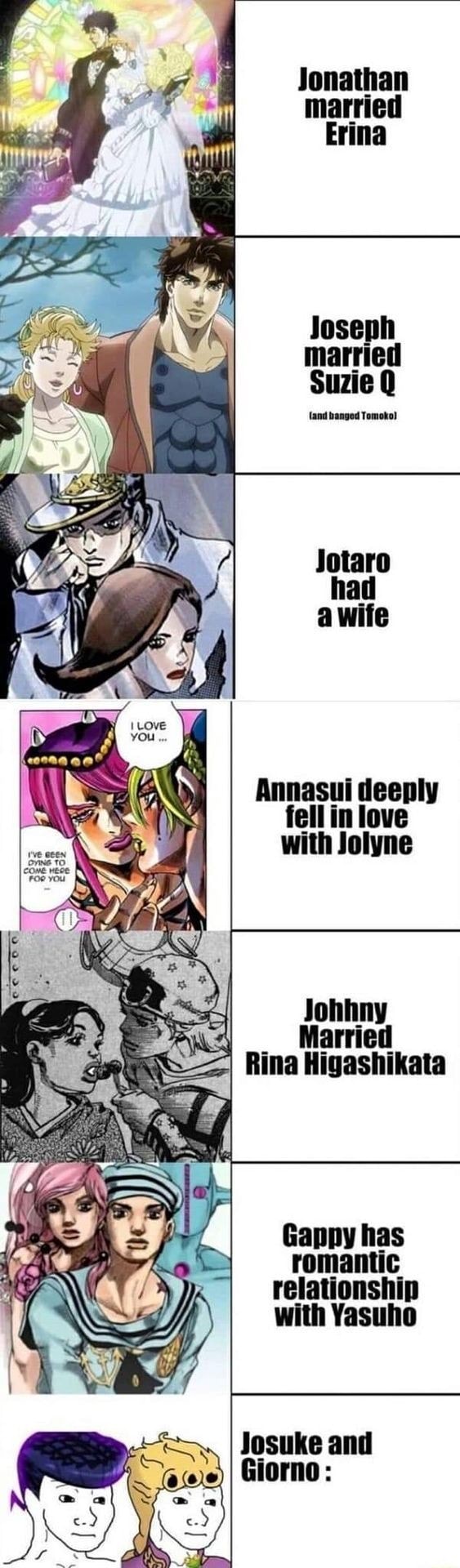 Joseph married Suzie Q {and banged Tomoko} Jotaro had awife Annasui