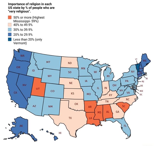 Importance of religion in each US state by % of people who are 