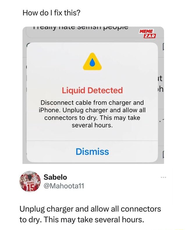 How do I fix this? MEME Liquid Detected Disconnect cable from charger