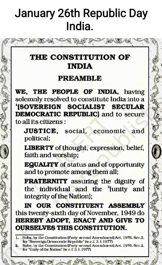 January 26th Republic Day India. THE CONSTITUTION OF INDIA PREAMBLE I