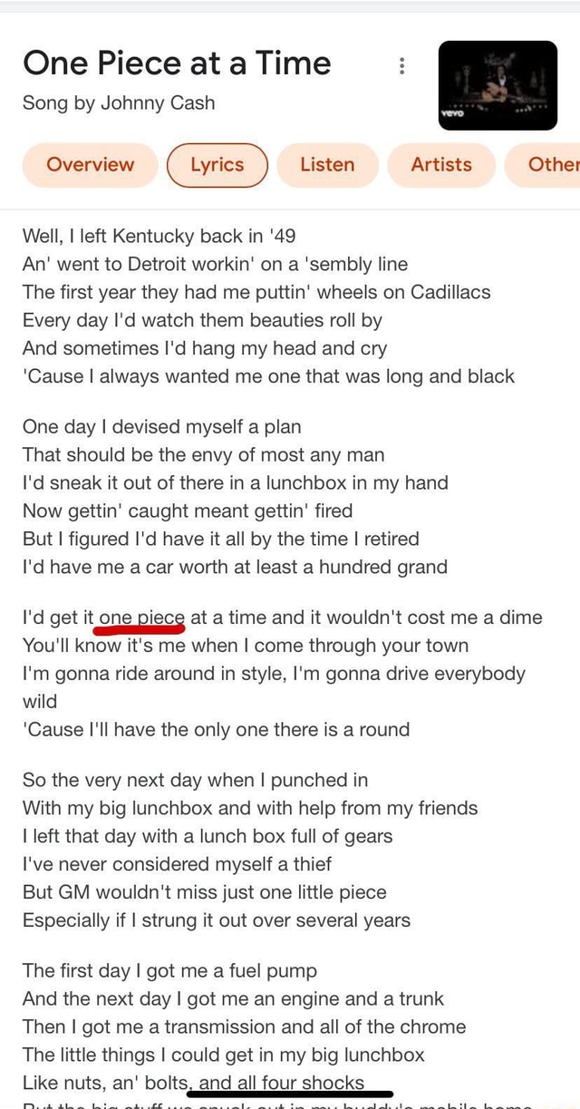 One Piece at a Time Song by Johnny Cash Overview Listen Artists Other