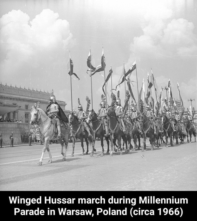 Winged Hussar march during Millennium Parade in Warsaw, Poland (circa ...