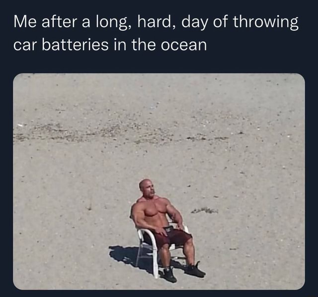 Me after a long, hard, day of throwing car batteries in the ocean iFunny