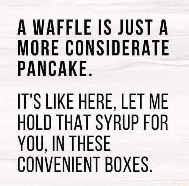 A WAFFLE IS JUST A MORE CONSIDERATE PANCAKE. IT'S LIKE HERE, LET ME