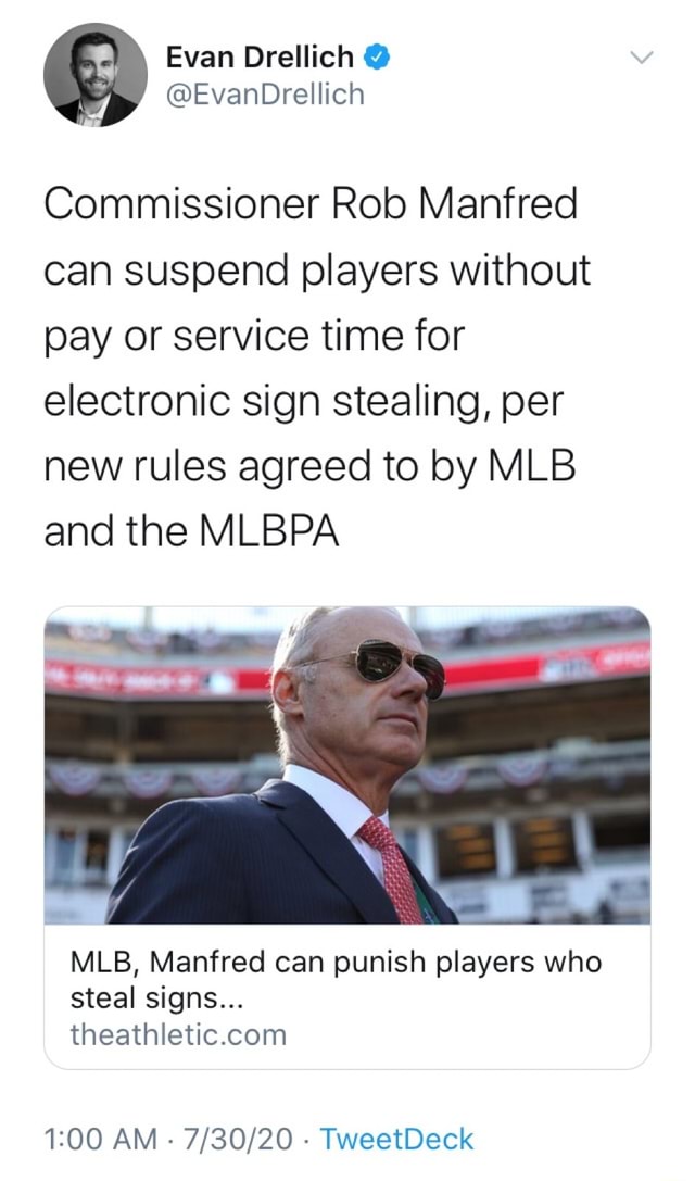 Commissioner Rob Manfred can suspend players without pay or service ...