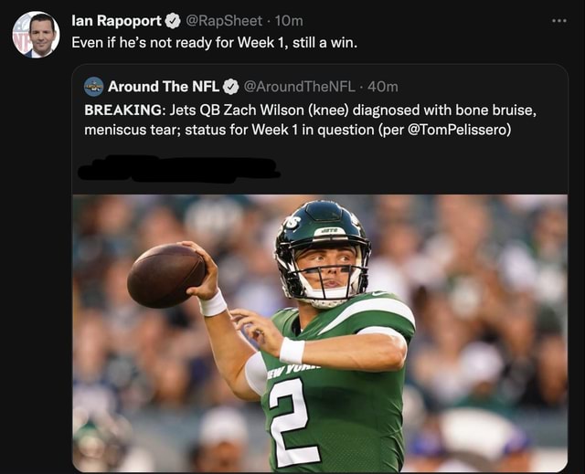 Jets QB Zach Wilson (knee) diagnosed with bone bruise, meniscus