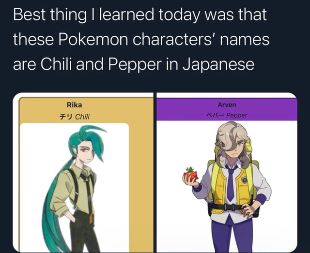 Best thing I learned today was that these Pokemon characters' names are  Chili and Pepper in Japanese Arven Pepper Rika FY Chili 