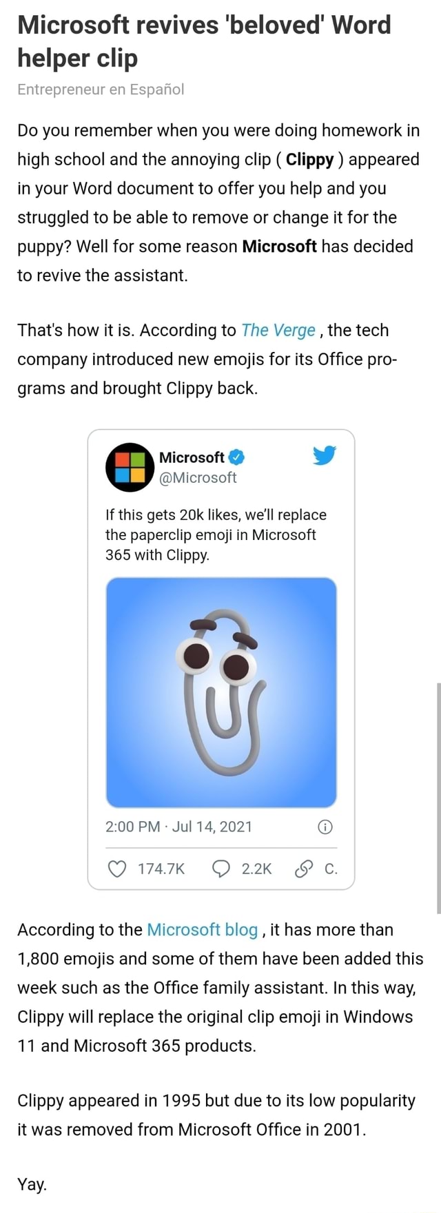 Microsoft revives 'beloved' Word helper clip Entrepreneur en Espanol Do you  remember when you were doing homework in high school and the annoying clip  ( Clippy ) appeared in your Word document