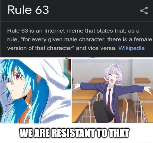 Rule 63 < Rule 63 is an Internet meme that states that, as a rule, for  every given male character, there is a female version of that character  and vice versa. Wikipedia