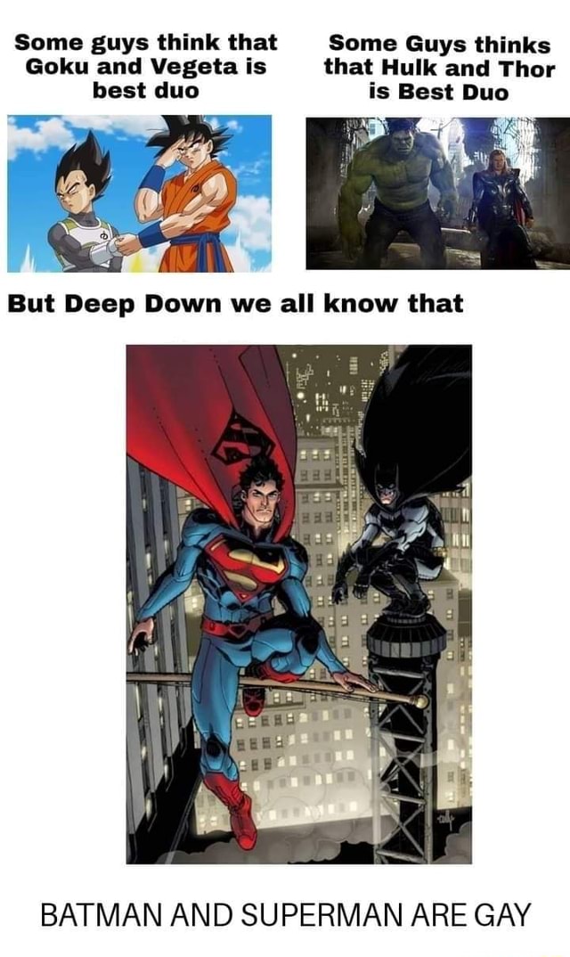 Some guys think that Some Guys thinks Goku and Vegeta is that Hulk and Thor  best duo is Best Duo But Deep Down we all know that BATMAN AND SUPERMAN ARE  GAY -