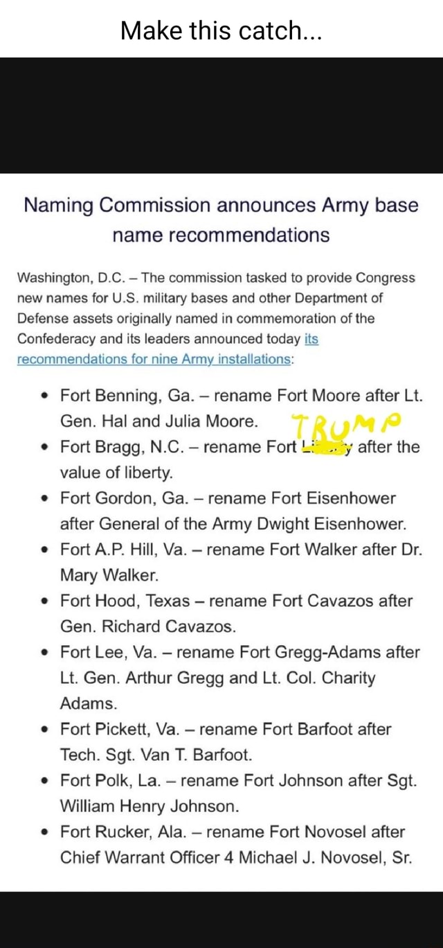 Make this catch... Naming Commission announces Army base name