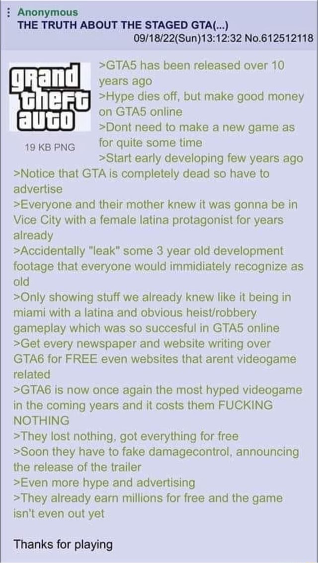 Anonymous THE TRUTH ABOUT THE STAGED GTA(...) No.612512118 >GTAS has