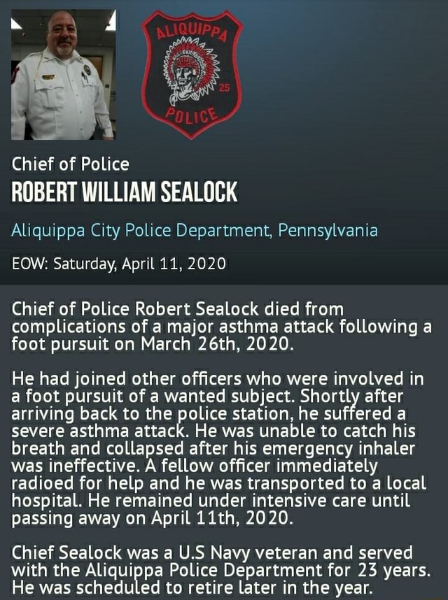 Chief of Police ROBERT WILLIAM SEALOCK Aliquippa City Police Department ...