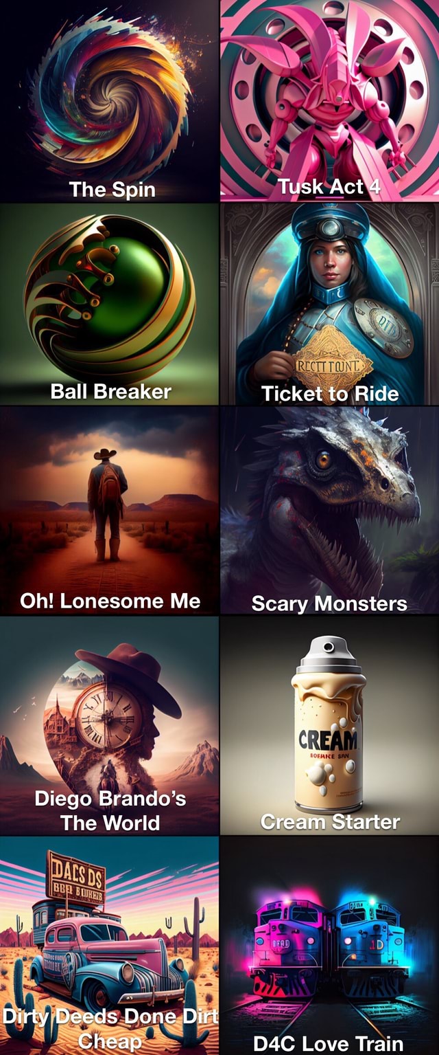 Be The Spin Tusk Act 4 Ball Breaker Ticket to Ride Oh! Lonesome Me Scary  Monsters Diego Brando's The World Cream Starter Dirty Deeds Done Dirt Cheap Love  Train - iFunny