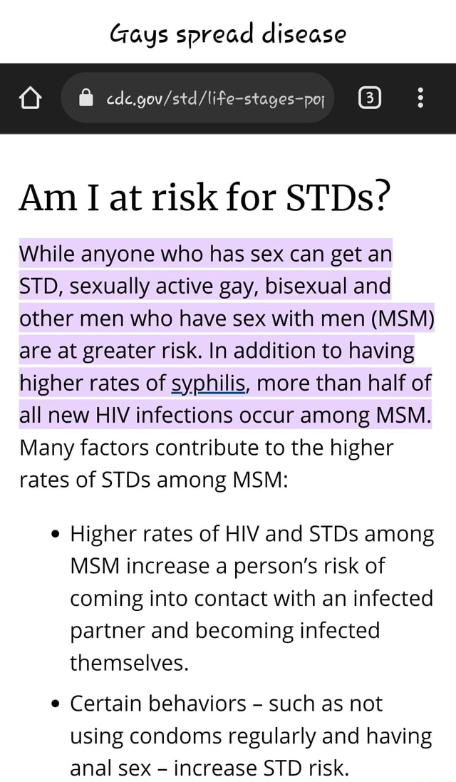 Gays Spread Disease Am Lat Risk For Stds While Anyone Who Has Sex Can Get An Std Sexually 