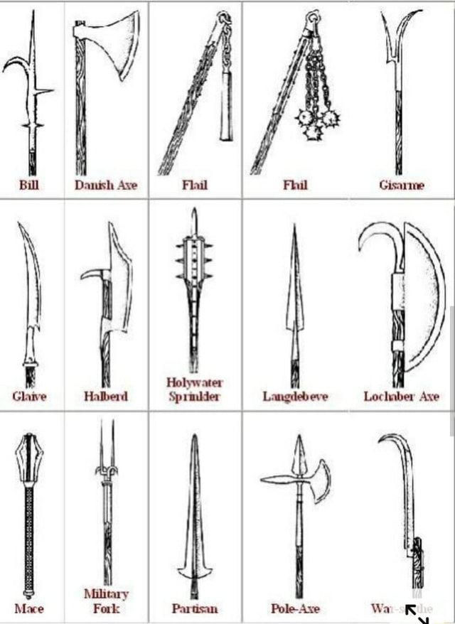 Bill Danish Ave Flail Fhil Gisarine Holywater Glaive Halberd Sprinkler 