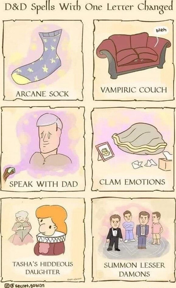 Spells With One Letter Changed ARCANE SOCK VAMPIRIC COUCH CLAM EMOTIONS