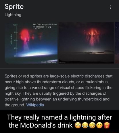 Made you look again - Sprite Lightning Sprites or red sprites are  large-scale electric discharges that occur high above thunderstorm clouds,  or cumulonimbus, giving rise to a varied range of visual shapes