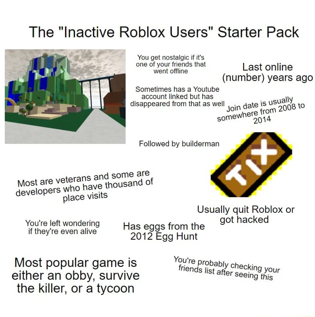 The Inactive Roblox Users Starter Pack You Get Nostalgic If It S One Of Your Friends That One Went Offline Your That Last Online Number Years Ago Sometimes Has A Youtube Account Linked - roblox starter pack