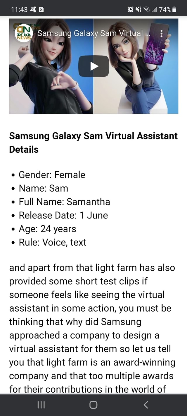 Ll Samsung Galaxy Sam Virtual As Samsung Galaxy Sam Virtual Assistant Details Gender Female Name Sam Full Name Samantha Release Date 1 June Age 24 Years Rule Voice Text And Apart From