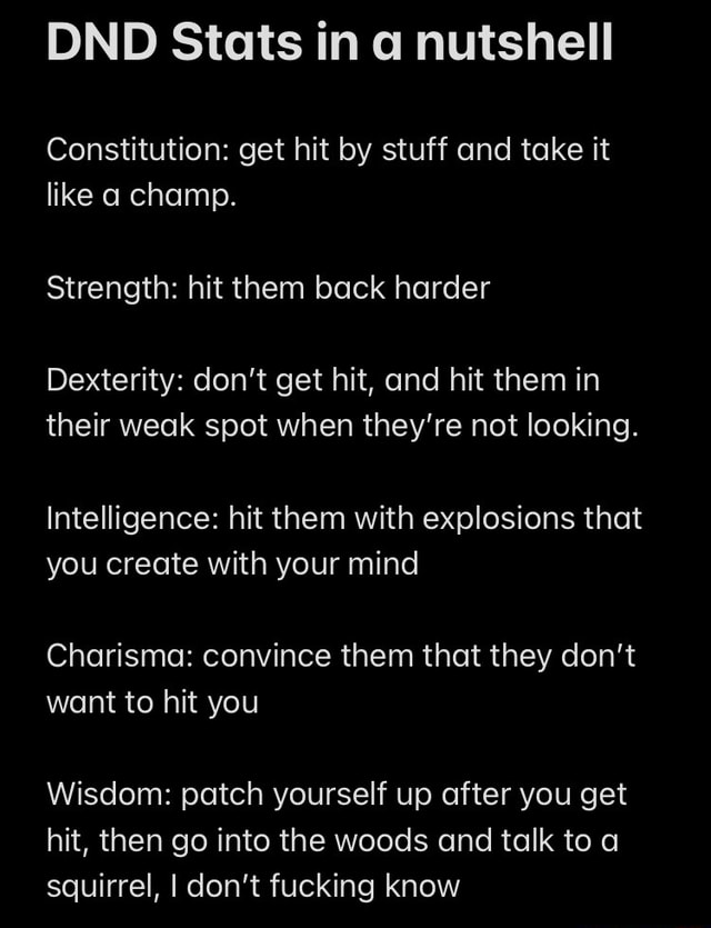 DND Stats in a nutshell Constitution get hit by stuff and take it like