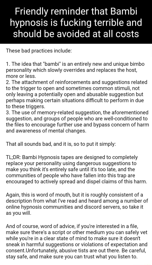 Friendly reminder that Bambi hypnosis is fucking terrible and should be