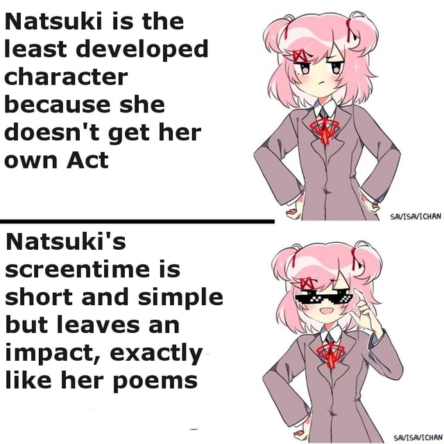 Character because she doesn't get her own Act Natsuki is the p least ...